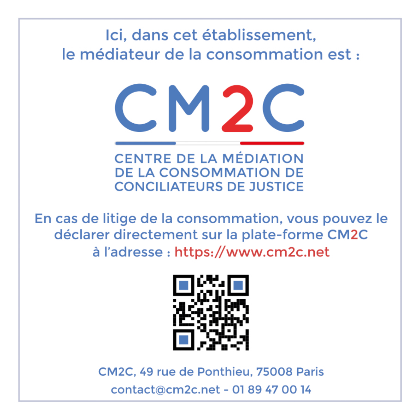 Pastille du médiateur de la consommation CM2C : coordonnées et accès à cm2c.net.
